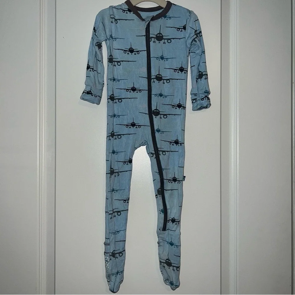 KicKee Pants Airplane Print Footie Pajamas Blue Bamboo Viscose 9-12 Months